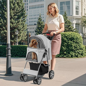 Passeggino per Cani Piccoli Pieghevole, Fino a 15 kg, Ruote 360° con Freni, Cuscino, Porta Doppio, Finestre, Cestino, Portabicchieri, Carrozzina Portatile (Grigio)