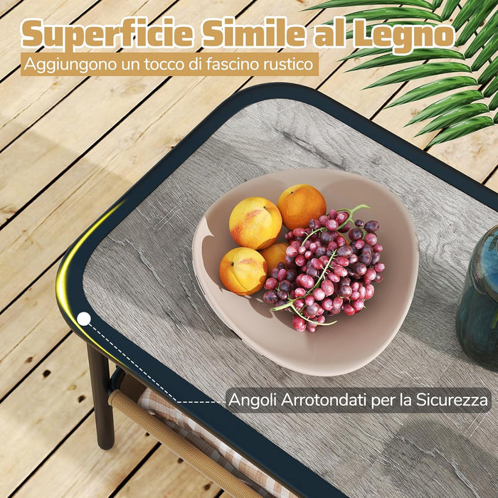 Set Tavolo e Panca da Giardino, Tavolino da Caffè con 2 Scomparti di Stoccaggio, Set Bistro da Esterno in Metallo, per Balcone Veranda, Pancha Portata 300 kg, Tavolo Portata 80 kg