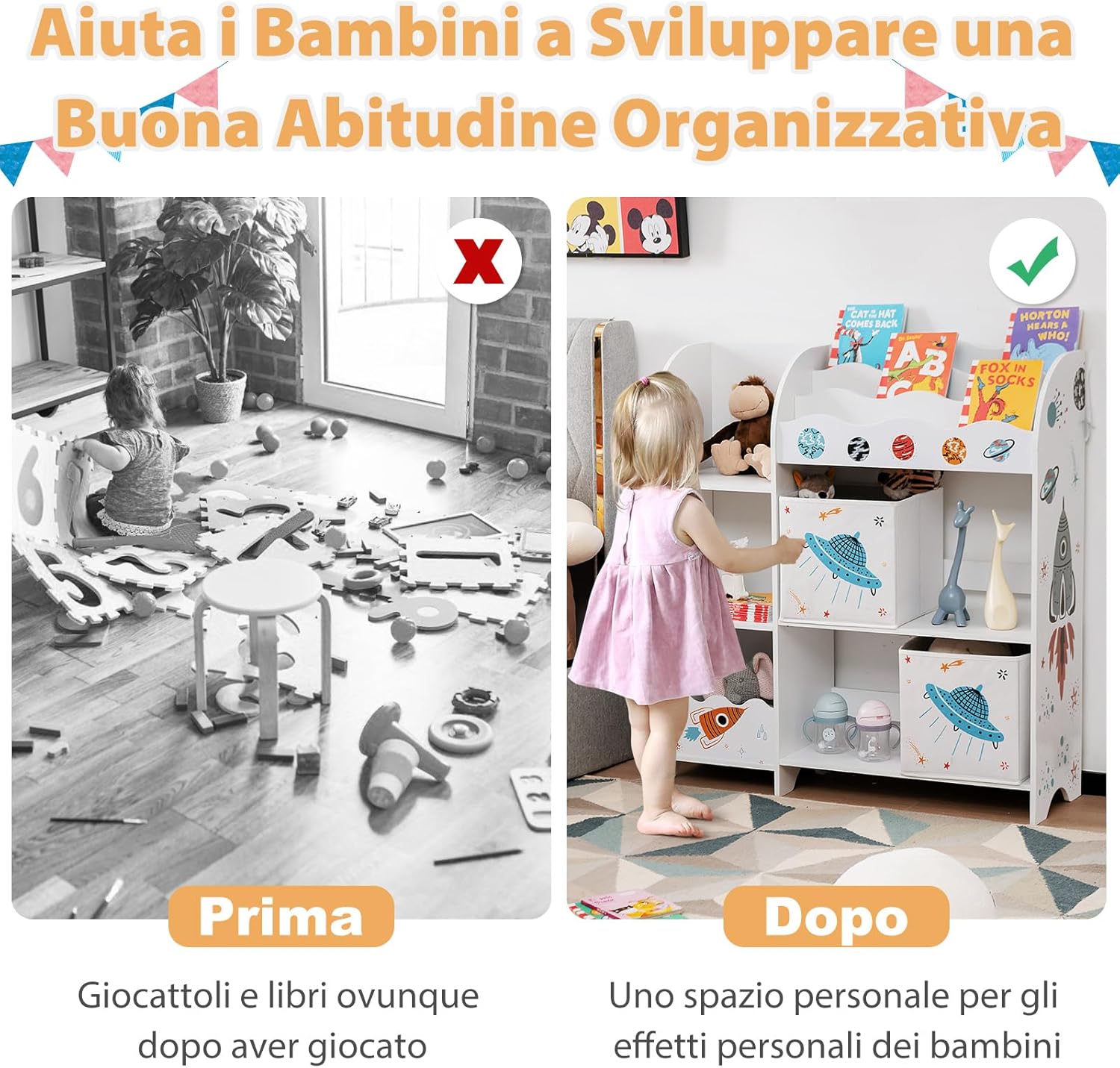 Armadio per Bambini, Scaffale di Legno con 3 Livelli e 5 Scompartimenti, 2 Cassetti in Tessuto e 3 Spazi per Giocattoli e Libri, Scaffale Verticale per Bambini, Bianco (Razzo)