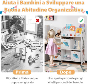 Armadio per Bambini, Scaffale di Legno con 3 Livelli e 5 Scompartimenti, 2 Cassetti in Tessuto e 3 Spazi per Giocattoli e Libri, Scaffale Verticale per Bambini, Bianco (Razzo)