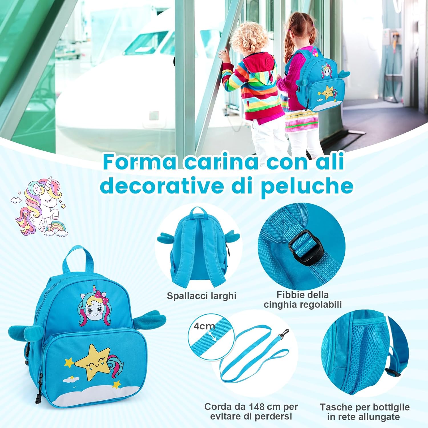 Valigia Cavalcabile per Bambini, 18" Valigia+ 12" Zaino,2 Pezzi, Trolley Bambini Bagaglio a Mano con Ruote Girevoli e Maniglia Retrattile, 2 Cingie Multiuso (Modello 2)