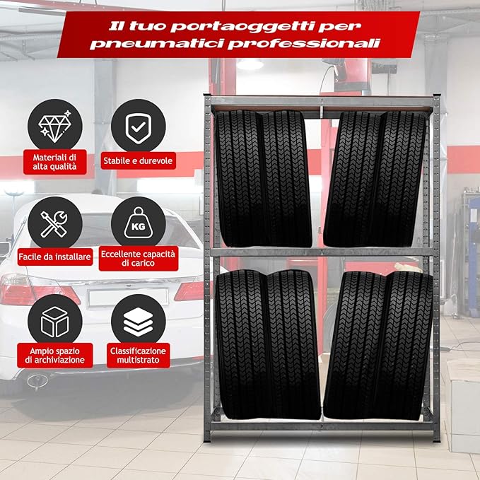 Scaffale Portagomme, Scaffale per Pneumatici in Acciaio 3 Ripiani, Scaffale per 8 Gomme da Officina Garage, 795kg, 120 x 40 x 180 cm
