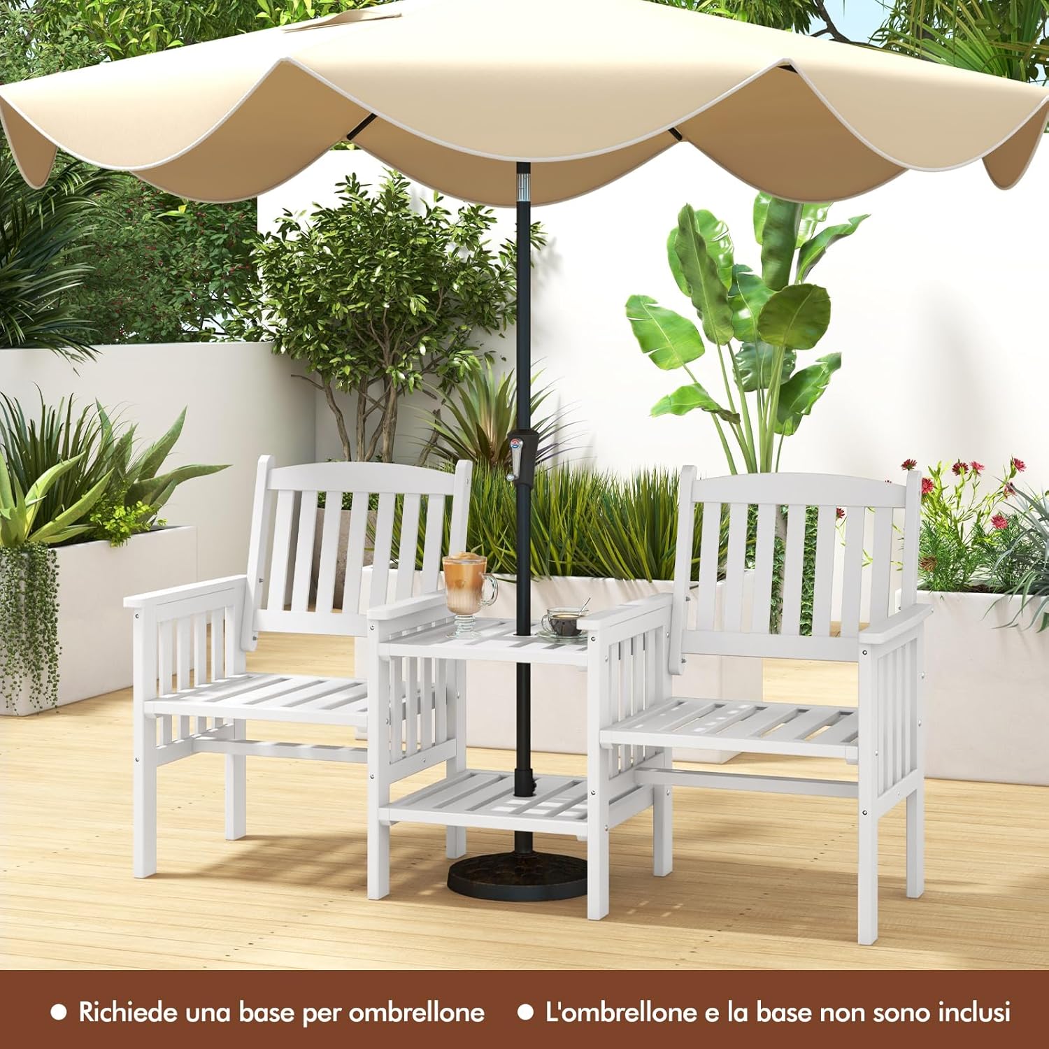 Set Tavolo e Sedie da Giardino con Foro per Ombrellone, Set di Mobili a 2 Posti in Legno Abete, Tavolino a 2 Ripiani, Sedia Portata 150 kg, Tavolino Portata 30+30 kg