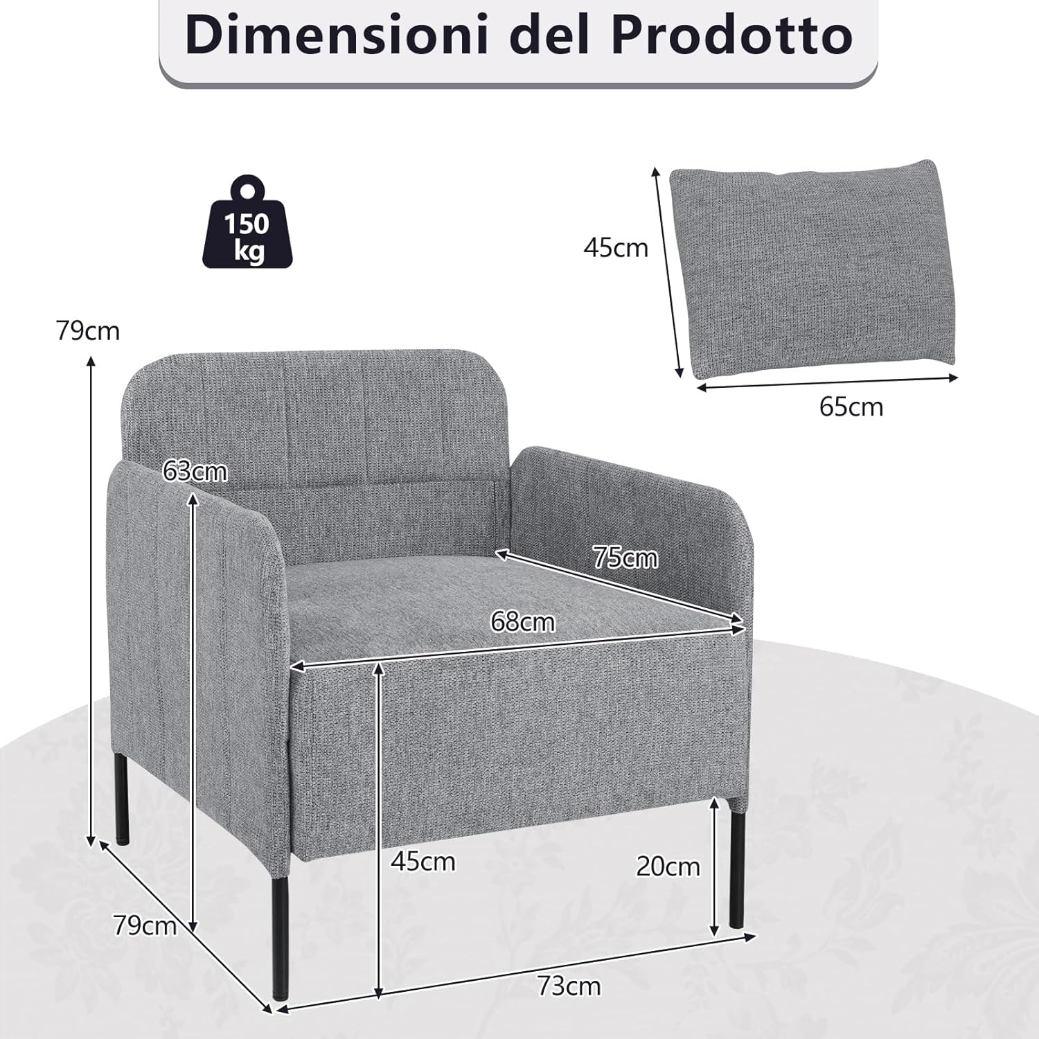Poltrona Relax, Poltrona Singola in Chenille con Cuscino, Sedia da Soggiorno con Piedini Regolabili, Sedia Moderna per Camera da Letto, Studio, Portata 150 kg