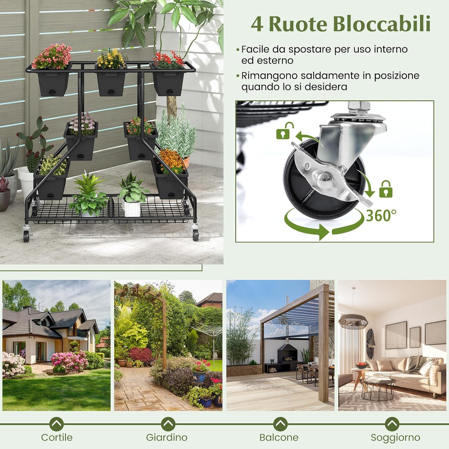 Letto da Giardino Verticale Sollevato con 7 Vasi, Cestini di Stoccaggio, Fori di Drenaggio e 4 Ruote Bloccabili, Scaffale Portafiori da Esterno ed Interno, Piantatore Elevato a 3 Livelli per O