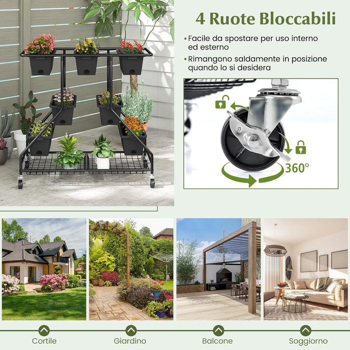 Letto da Giardino Verticale Sollevato con 7 Vasi, Cestini di Stoccaggio, Fori di Drenaggio e 4 Ruote Bloccabili, Scaffale Portafiori da Esterno ed Interno, Piantatore Elevato a 3 Livelli per O