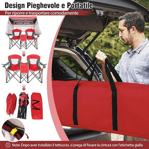 Sedia Spiaggia a Doppio, Sedia da Campeggio con Tettoia Regolabile, Poltrona Loveseat per 2 Persone, con Borsa da Trasporto, Borsa Termica, per Giardino Picnic, Portata 300 kg (Rosso)