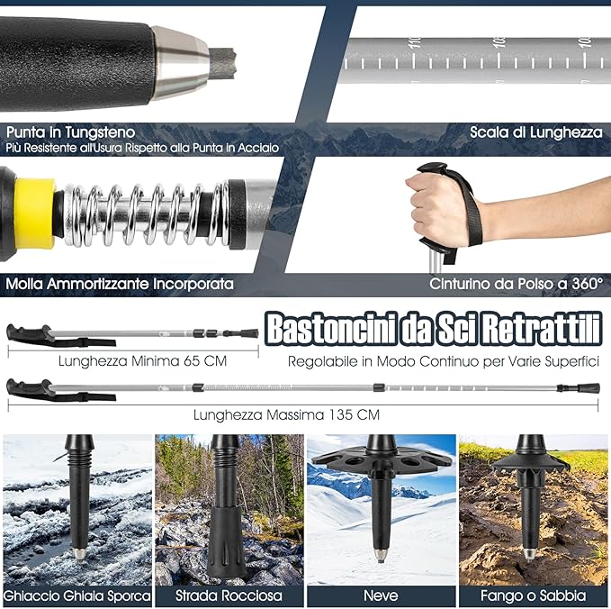 Set 4 in 1 Ciaspole da Neve 53/63/78 cm per Uomini, Donne e Ragazzi con Sistema di Fissaggio, Telaio in Alluminio, Bastoncini da Trekking, Ghette Gambe Impermeabile e Borsa