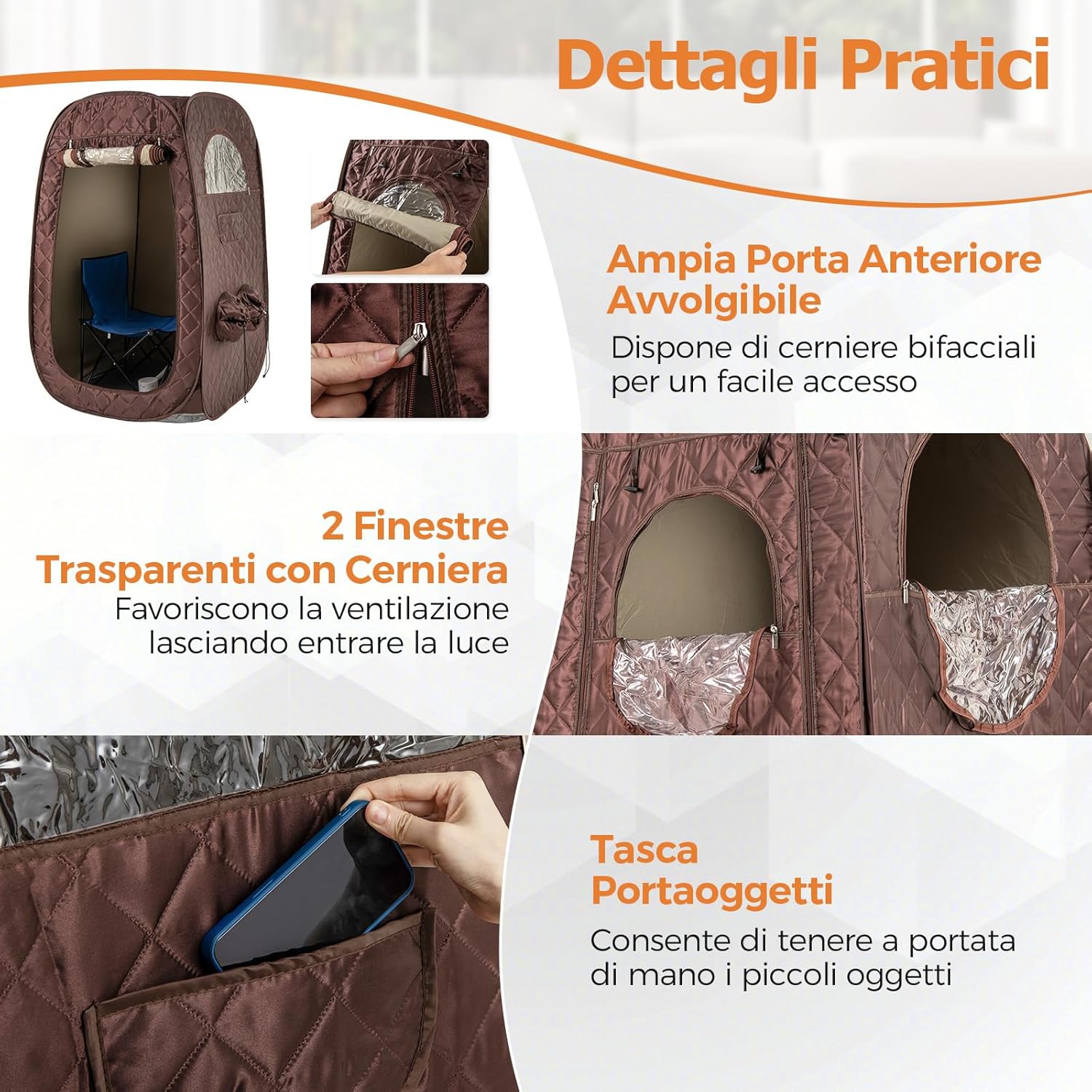 Sauna a Vapore Portatile 3L, Sauna da Casa con 9 Livelli di Regolazione della Temperatura da 40-65℃, Telecomando, Sedia Pieghevole e Massaggiatore per Piedi in Legno (caffè)