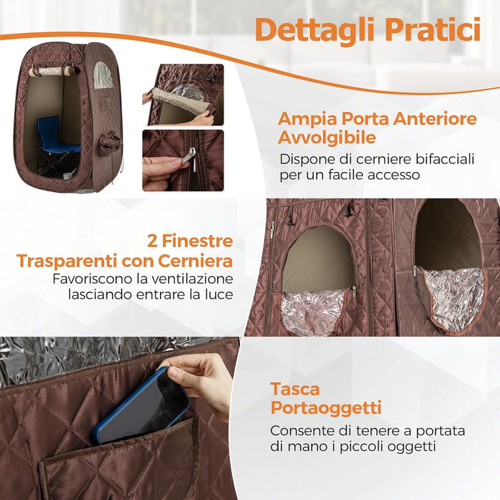 Sauna a Vapore Portatile 3L, Sauna da Casa con 9 Livelli di Regolazione della Temperatura da 40-65℃, Telecomando, Sedia Pieghevole e Massaggiatore per Piedi in Legno (caffè)