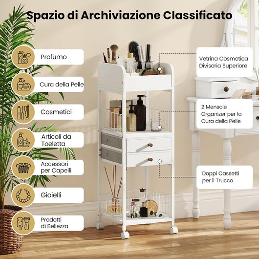 Carrello Porta Trucchi, Organizer per Cosmetici con Cassetti e Ripiani, Rotelle Bloccabili, Carrello Multiuso per Cosmetici, Creme, Gioielli e Rossetti, 30 x 30 x 90 cm