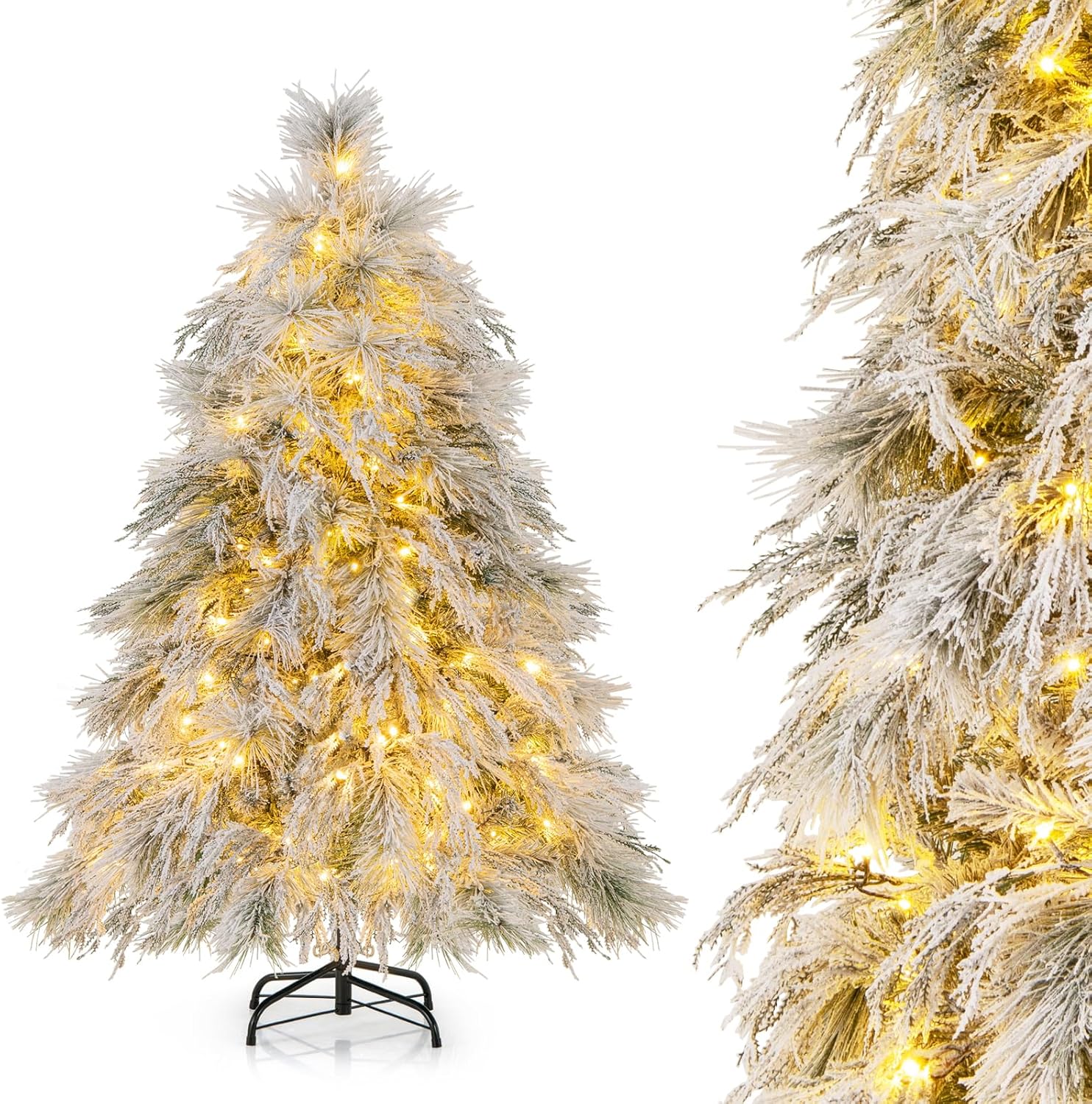 Albero di Natale Innevato 146/180 CM, Albero di Natale ArtificialePre-Luminoso con Cerniera e 150/250 Luci LED Bianche Calde, 279/519 Punte di Ramo, Ago di Pino (146 CM)