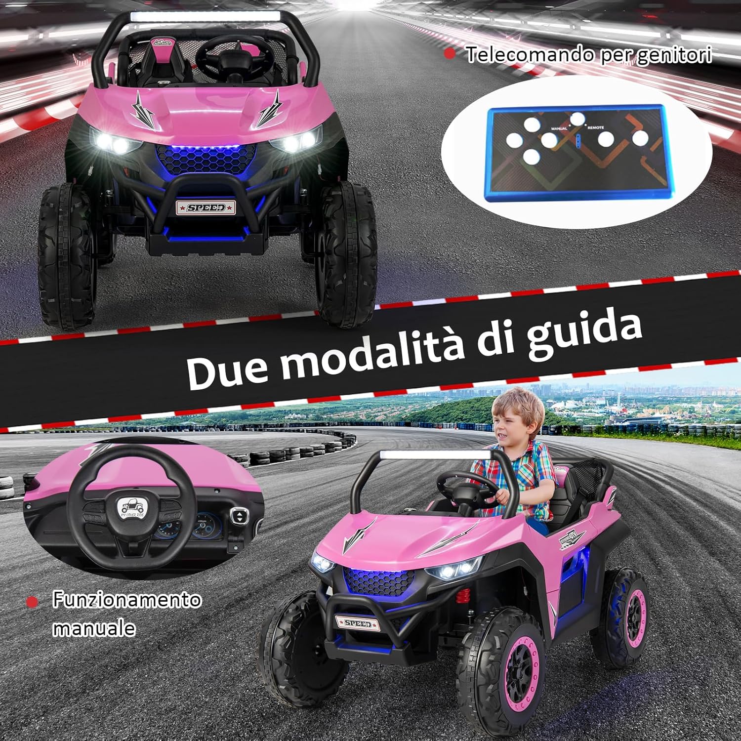 12V Auto Elettrico per Bambini, Macchina Fuoristrada a 2 Posti, Macchina Elettrica con Luci Suoni, Regalo per Bambini 3-8 Anni, 118x74x71 cm (Rosa)