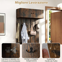 Appendiabiti da Parete per Ingresso, Attaccapanni in Legno con 5 Ganci Doppi e Armadietto a 2 Ante, Mensola Salvaspazio per Camera da Letto, Soggiorno e Cucina, 90 x 33 x 210 cm (Marrone)