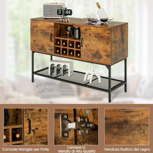 Credenza Industriale per Buffet, Mobile da Cucina con Portabottiglie, Ripiano in Rete Metallica, 2 Ante, Armadietto da Cucina a 2 Livelli per Sala da Pranzo, Soggiorno