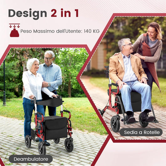 2 in 1 Deambulatore Pieghevole e Sedie a Rotelle per Anziani in Alluminio, Rollator Altezza Regolabile con Seduta e Freni, Girello per Anziani con Ruote Robuste, Carico Massimo 140 kg (Rosso)