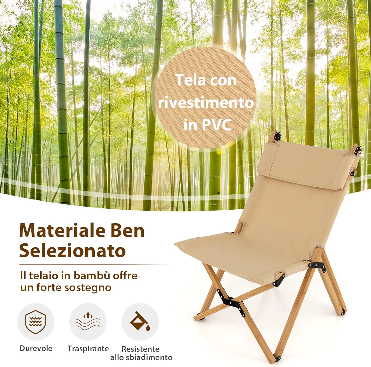 Sedia da Campeggio Pieghevole e Portatile, Sedia in bambù con Schienale Regolabile a 2 Livelli e Borsa, Sedia in Tela Ultraleggera per Picnic, Spiaggia e Patio, Portata 150 kg