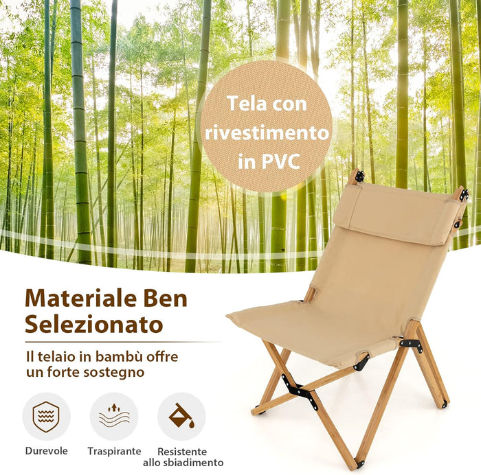 Sedia da Campeggio Pieghevole e Portatile, Sedia in bambù con Schienale Regolabile a 2 Livelli e Borsa, Sedia in Tela Ultraleggera per Picnic, Spiaggia e Patio, Portata 150 kg