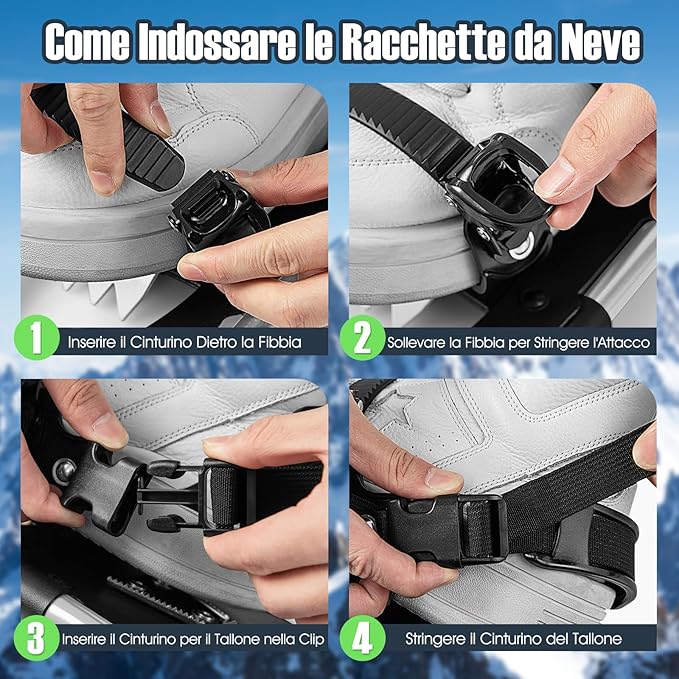 Set 4 in 1 Ciaspole da Neve 53/63/78 cm per Uomini, Donne e Ragazzi con Sistema di Fissaggio, Telaio in Alluminio, Bastoncini da Trekking, Ghette Gambe Impermeabile e Borsa