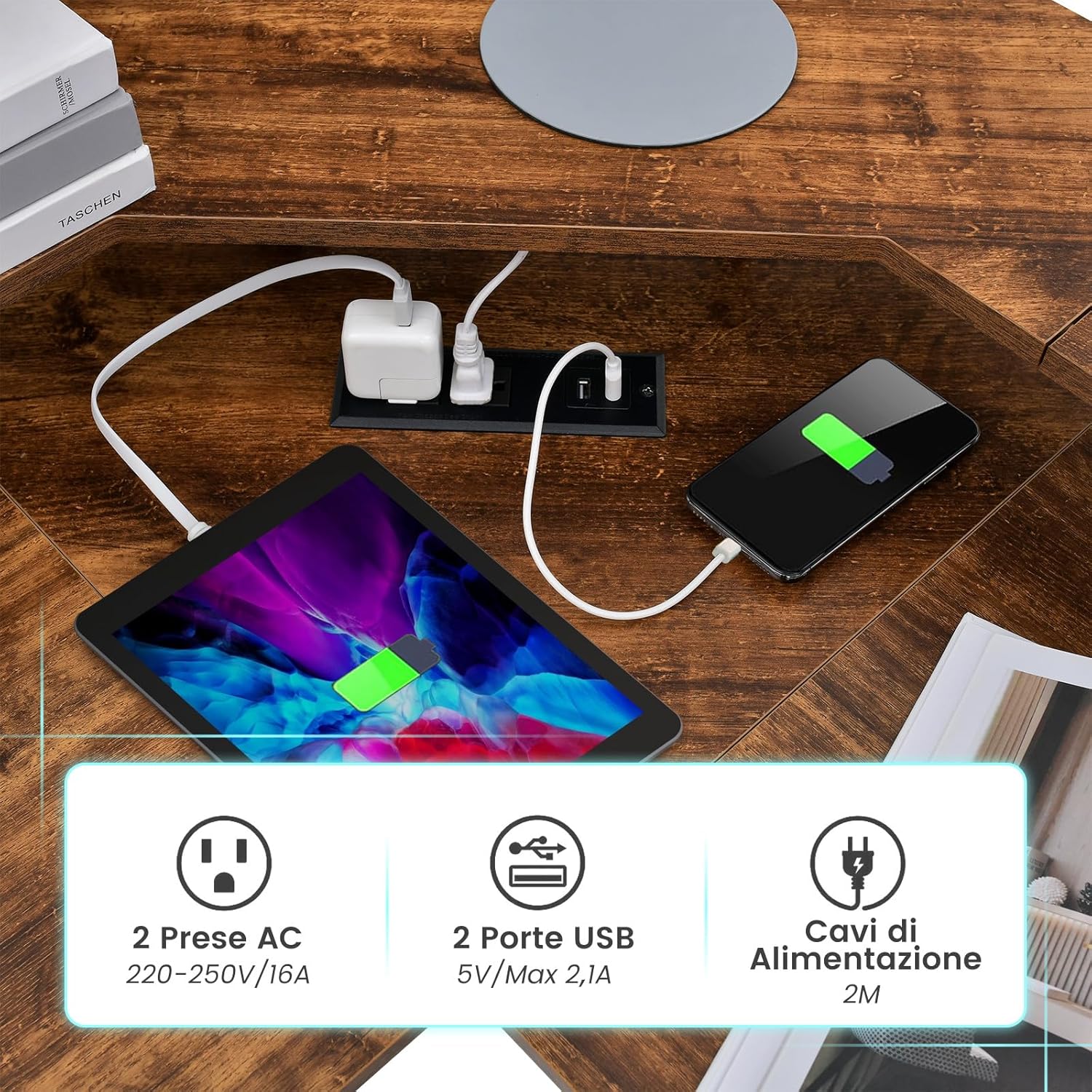 Scrivania Angolare, Scrivania ad Angolo con Presa Elettrica, Supporto per Monitor, Vassoio per Tastiera e Gancio per Cuffie, Scrivania Salvaspazio per Ufficio e Casa (Marrone)