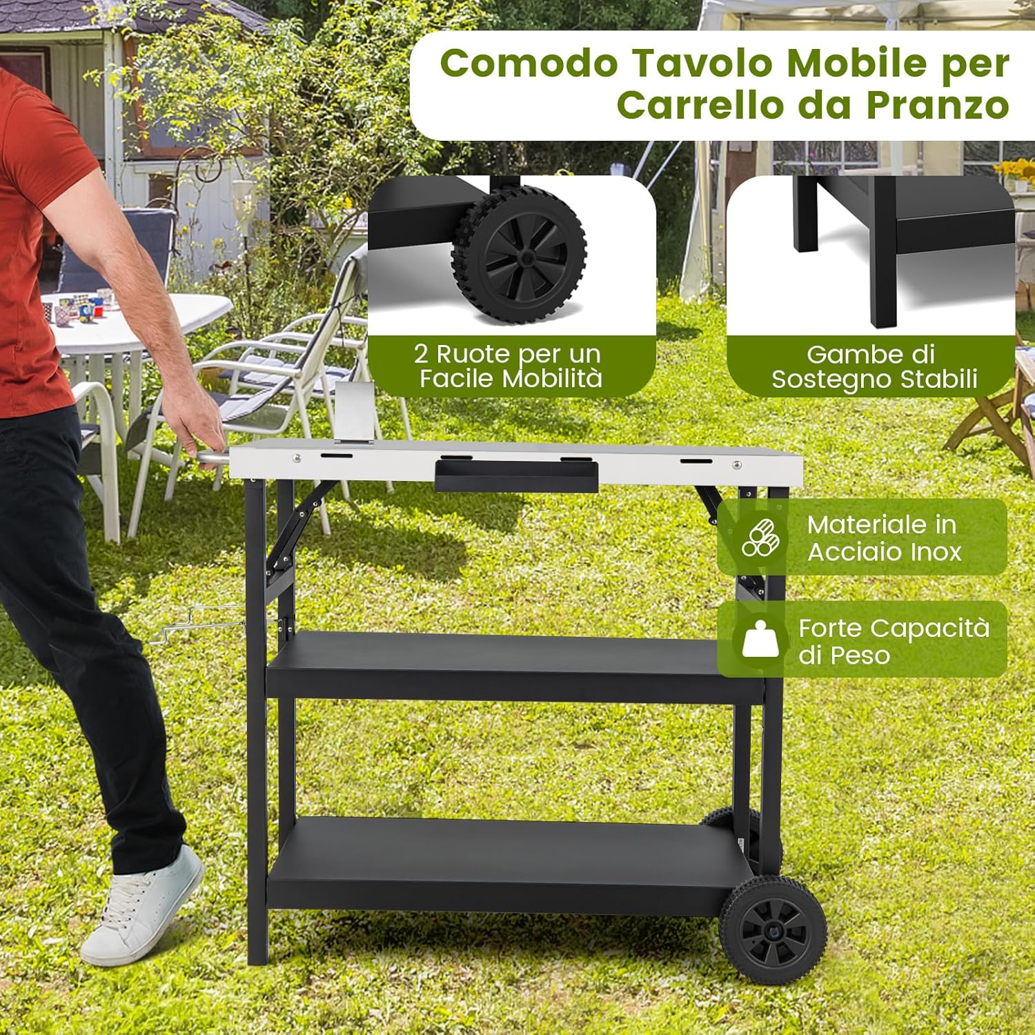 Carrello Barbecue da Esterno con 3 Ripiani, Carrello da Cucina Esterno con Ripiano Regolabile, Carrello Multifunzionale per Esterno, Struttura in metallo