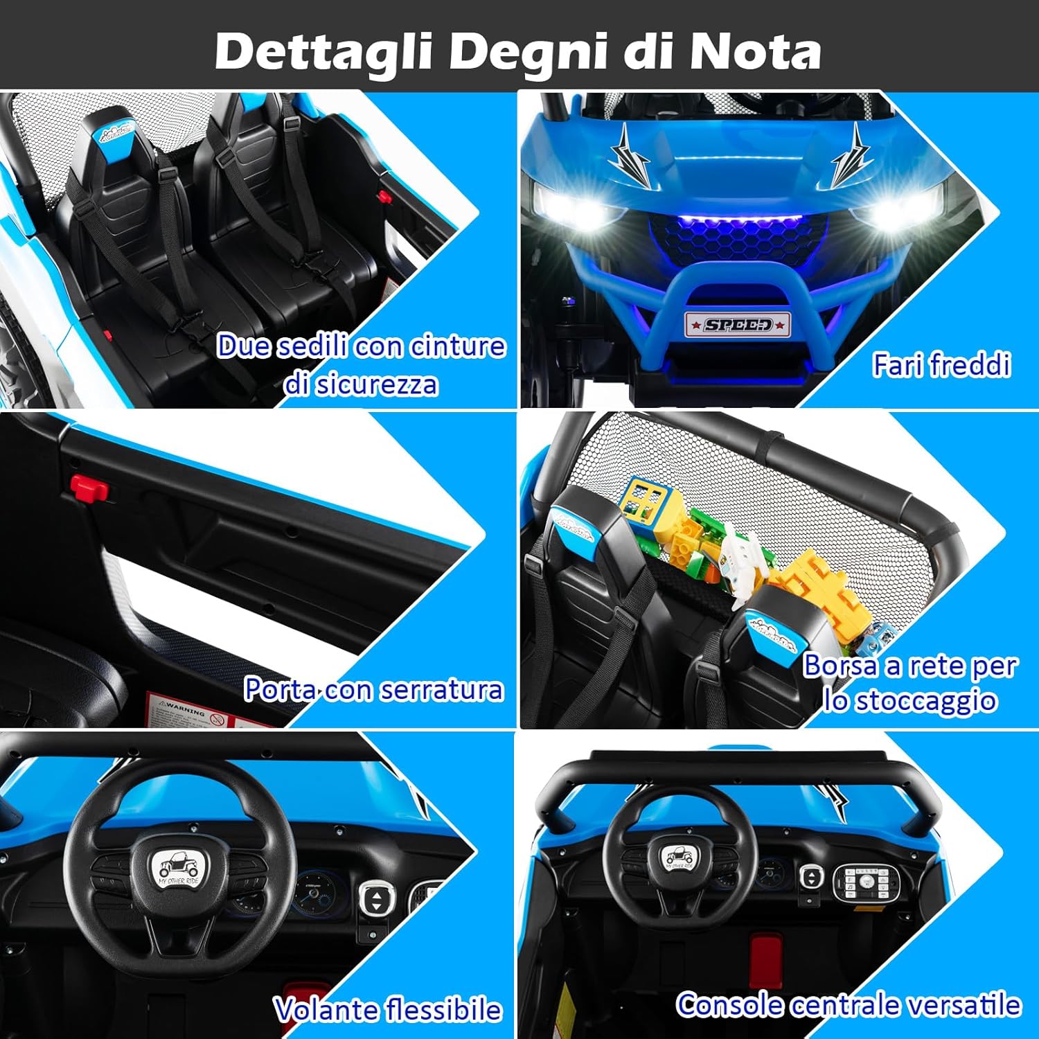 12V Auto Elettrico per Bambini, Macchina Fuoristrada a 2 Posti, Macchina Elettrica con Luci Suoni, Regalo per Bambini 3-8 Anni, 118x74x71 cm (Blu)