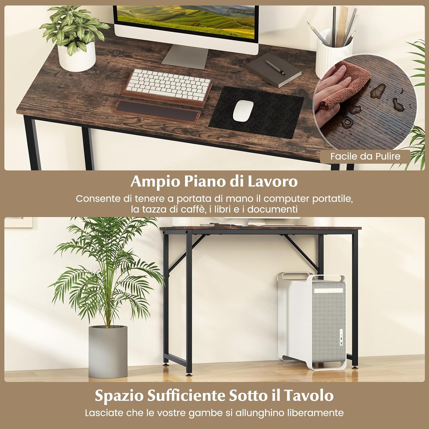 Scrivania per Computer 100 x 50 x 77 cm, Scrivania Moderna e Salvaspazio in Metallo Resistente con Piedini Regolabili, Scrivania Versatile per Casa e Ufficio (Marrone)