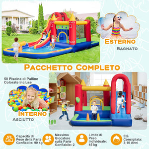 Castello Gonfiabile, Casa Gonfiabile con Scivolo, Piscina, Parete da Arrampicata, Trampolino e Cannone d'Acqua, con ventilatore, per Bambini di 3-10 Anni, 624 x 270 x 235 cm