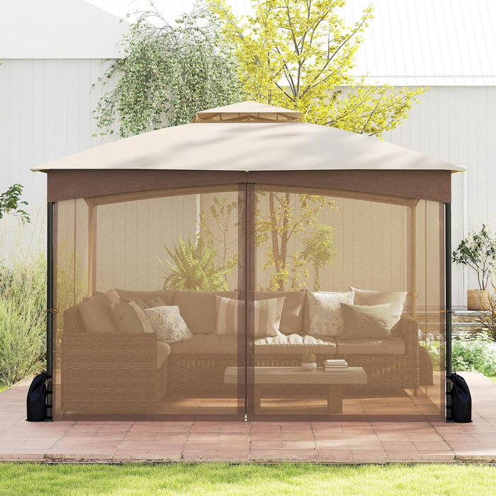 Gazebo da Giardino 3 x 3,6 m, Gazebo con Zanzariera a Doppia Copertura con Sacchetti di Sabbia e Picchetti a Terra, Tenda Impermeabile con Struttura in Metallo per Prato (Kaki)