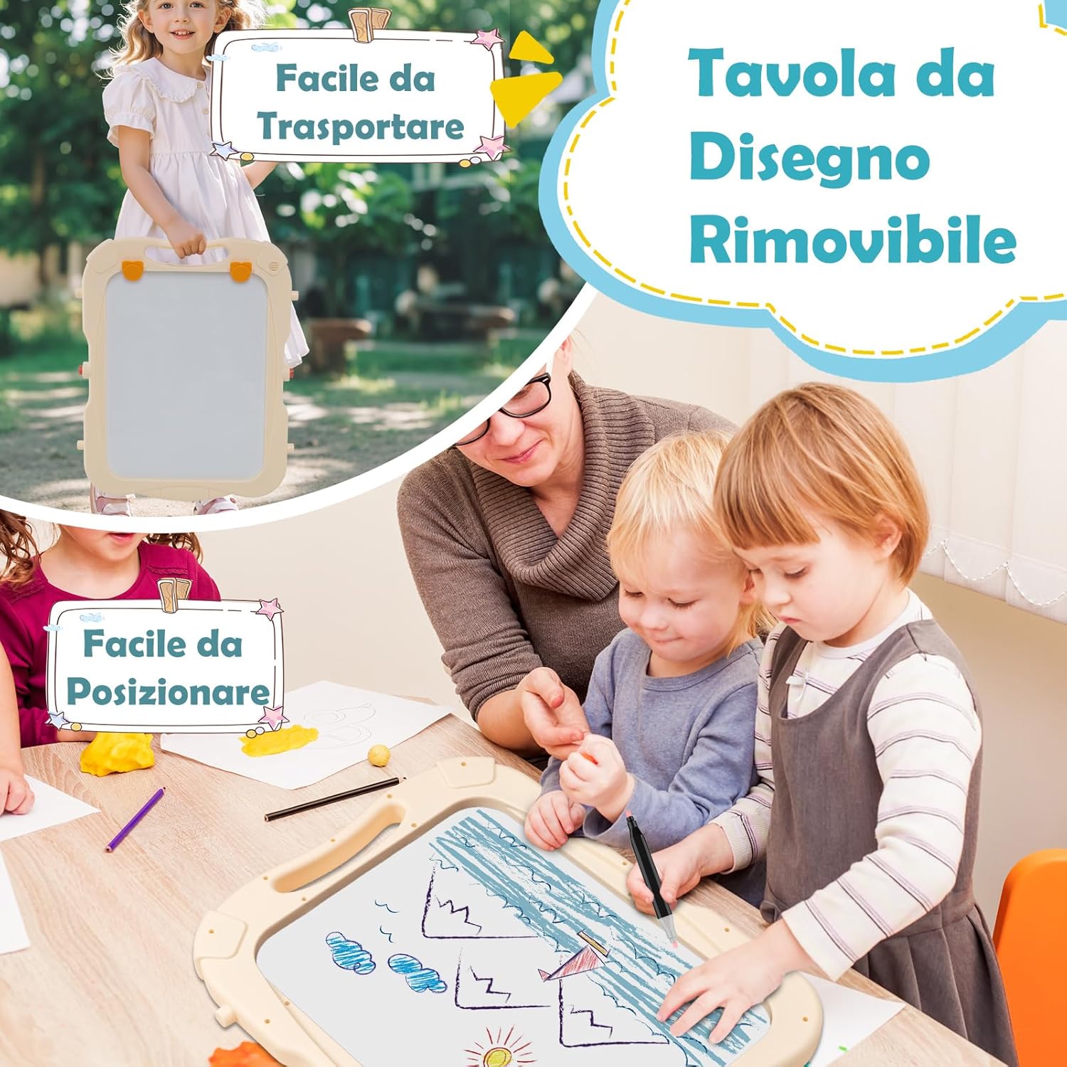 Cavalletto per Bambini, Lavagna Magnetica a Doppia Faccia Regolabile in Altezza, Tavolo da Disegno Staccabile con Manico Portatile e 2 Tazze, per Bambini 3 Anni + (Verde+Blu)