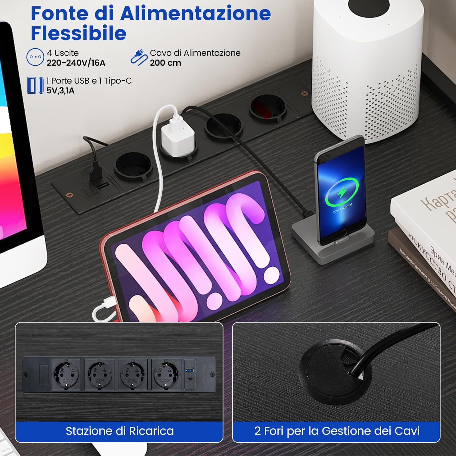 Scrivania per Computer a Forma di L, Tavolo da Gioco con Scaffale Regolabile, Gancio, Supporto per CPU, Striscia LED, Telecomando e Prese di Corrente, Desk per Studiare e Lavorare (Nero)