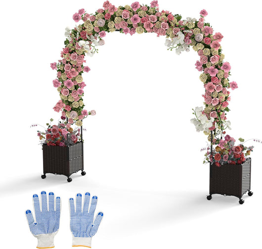 Arco da Giardino, Pergolato per Piante Rampicanti con 2 Fioriere, Sistema di Autoirrigazione, Fori di Drenaggio e Ruote Bloccabili, Decorazione per Matrimoni