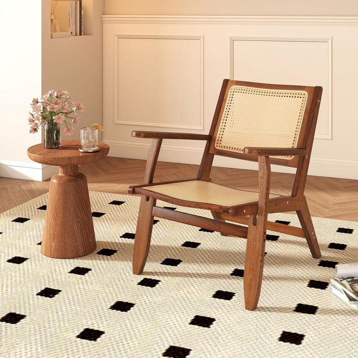 Poltrona Lounge, Poltrona Ergonomica in Rettan e Bambù con Schienale e Braccioli, Portata 150 kg, Sedia Bohemien per Soggiorno, Camera da Letto e Studio