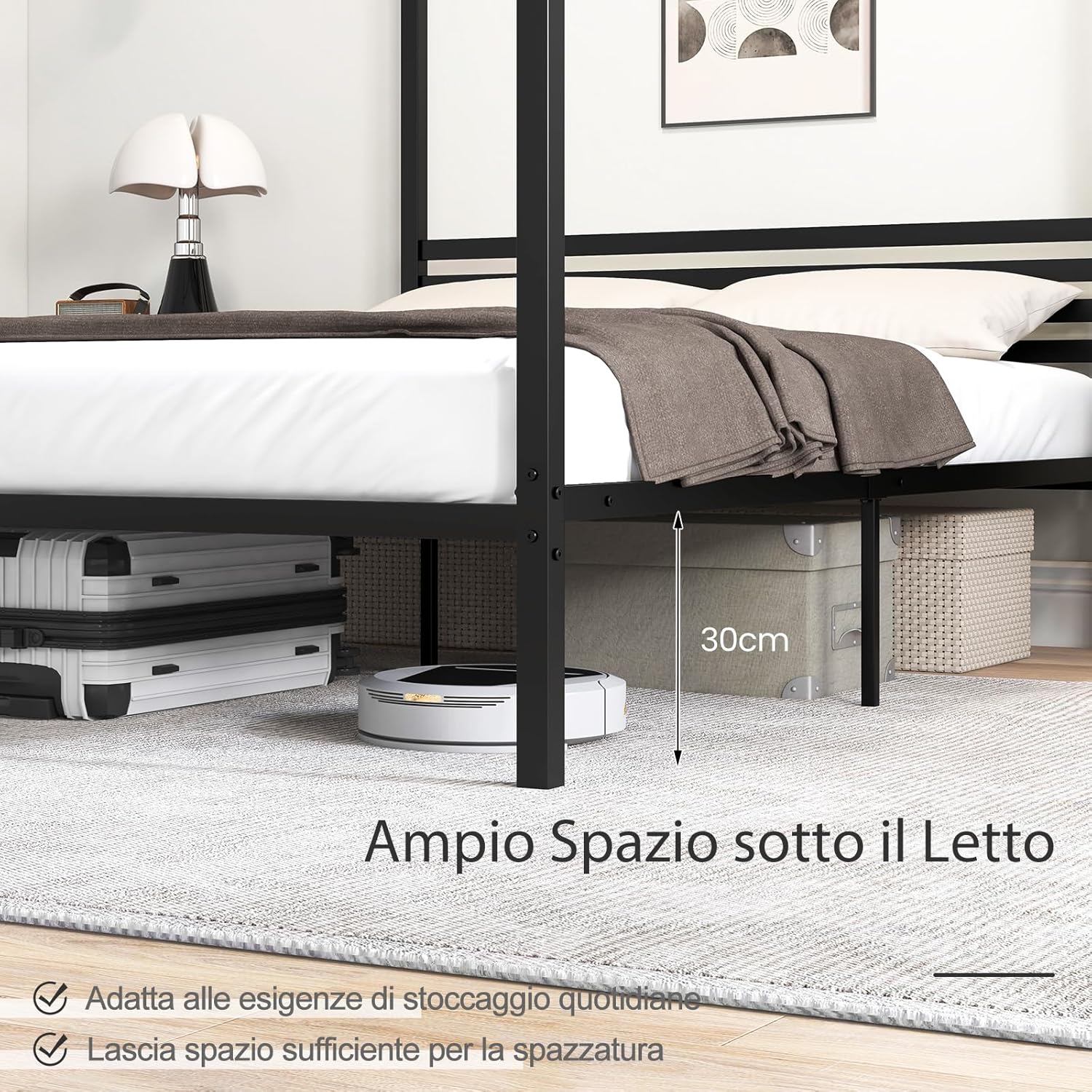 Struttura Letto in Metallo 200x140 cm, Telaio da Letto Matrimoniale con Testiera e 4 Poste, Sostegno Robusto in Metallo, Carico Massimo 300kg