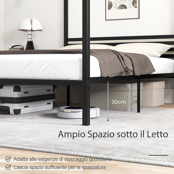 Struttura Letto in Metallo 200x140 cm, Telaio da Letto Matrimoniale con Testiera e 4 Poste, Sostegno Robusto in Metallo, Carico Massimo 300kg