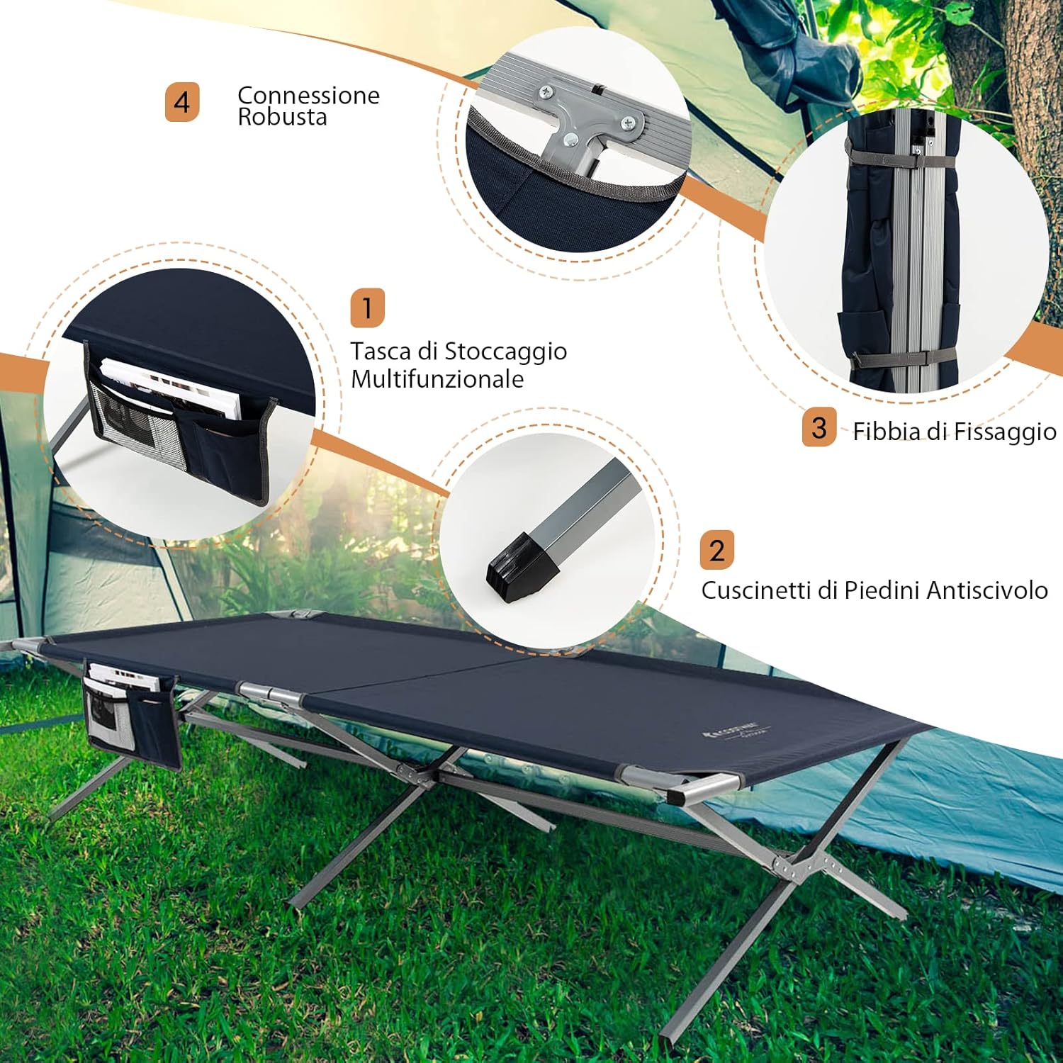 Letto Brandina Pieghevole con Borsa da Trasporto, con Struttura Metallica Resistente, Letto Portatile per Casa, Ufficio, Campeggio, Carico Fino a 150 kg