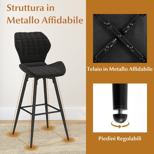 Set di 2 Sgabelli da Bar, 2 Sedie da Bar Imbottite con Schienale e Poggiapiedi, Sedie da Cucina con Telaio in Metallo, Sedie da Pranzo Portata 150 kg, 51 x 48 x 104 cm