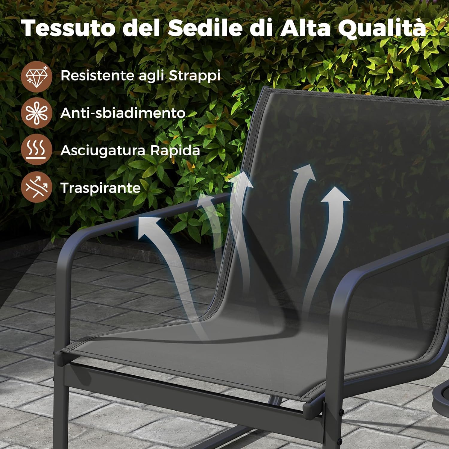 Set da Conversazione a 3 Pezzi, Set di 2 Sedie in Textilene e Tavolino in Vetro Temperato, Set da Giardino a 3 Pezzi con Struttura in Metallo, per Giardino, Terrazza, Piscina (Nero)