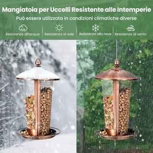 2 in 1 Mangiatoia per Uccelli con 2 Tubi, Mangiatoia per Uccelli da Appendere all'Aperto in Metallo Resistente alle Intemperie, Decorazione per Giardino e Portico