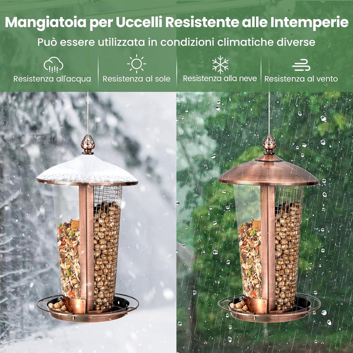 2 in 1 Mangiatoia per Uccelli con 2 Tubi, Mangiatoia per Uccelli da Appendere all'Aperto in Metallo Resistente alle Intemperie, Decorazione per Giardino e Portico