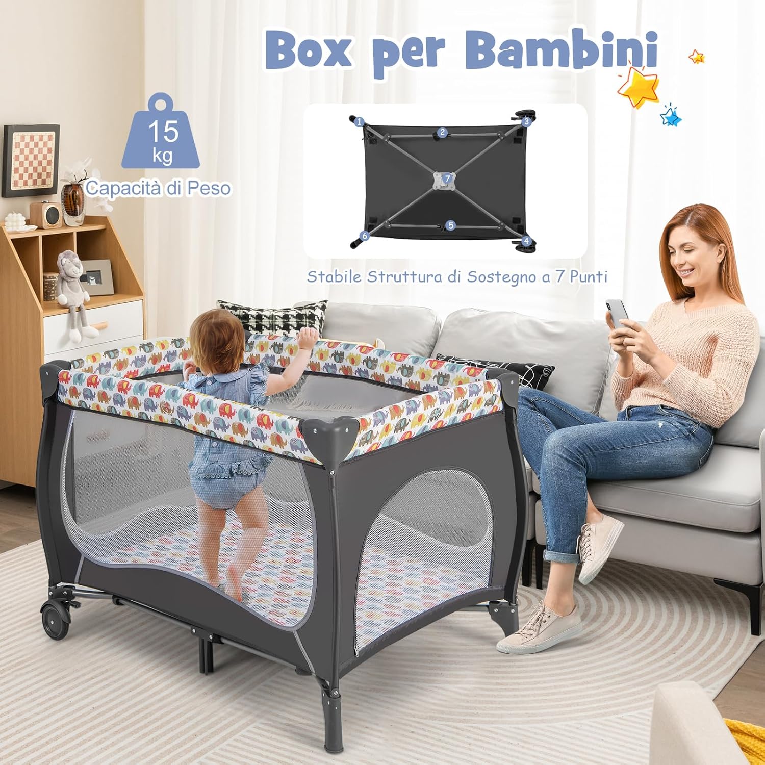 5 in 1 Lettino da Campeggio con Materasso, Lettino Neonato da Viaggio Pieghevole, Box Bambini Portatile con Borsa, Zanzariera, per Bambini 0-36 Mesi (Elefante Colorato)