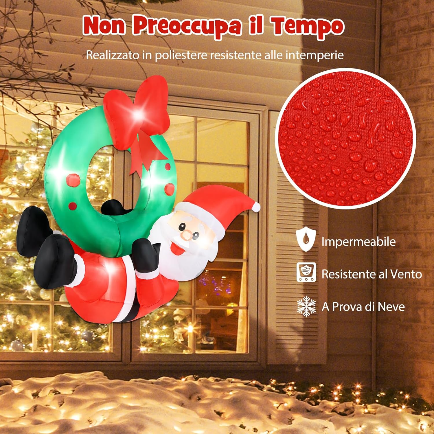 Decorazione Gonfiabile di Natale 120 CM, Babbo Natale Illuminato e Corona con Fiocco Rosso, 5 Luci LED, Soffiatore e 2 Corde, per Prato, Casa, Festa