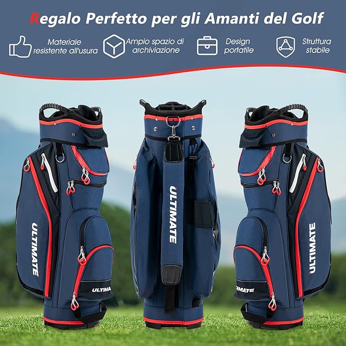Borsa da Golf Leggera e di Grande Capacità, Sacca da Golf con 14 Divisori, 8 Tasche, Cappuccio Antipioggia, Tracolla, Borsa Termica per Bevande, Ideale per Uomini e Donne (Blu)