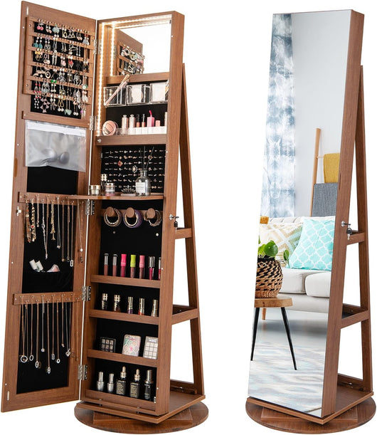 Armadio Portagioie Girevole a 360° con Specchio a Figura Intera, Luci LED a 3 Colori e Ripiani Posteriori, Organizer da Terra per Gioielli con Serratura (Marrone)