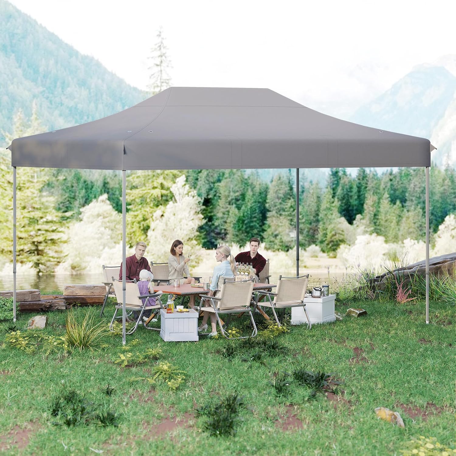 Gazebo Pop-up Pieghevole 3 x 4,5 m, Gazebo da Giardino Impermeabile Altezza Regolabile con Fori di Drenaggio, Tenda da Giardino Antivento con Borsa di Trasporto a Ruote (Grigio)