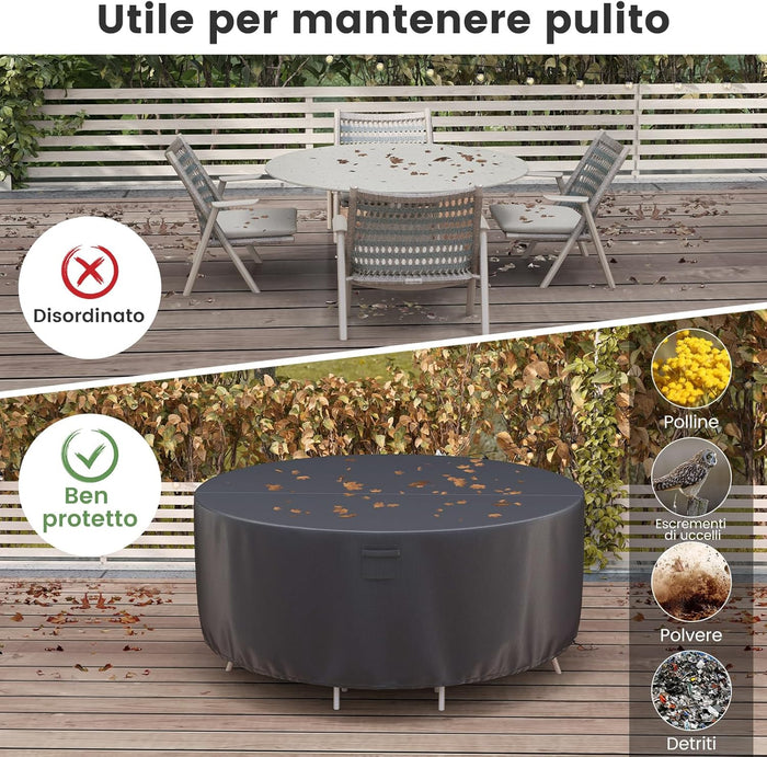 Copertura per Mobili da Giardino Rotonda da 158/183/213 CM, Copertura per Tavolo e Sedie da Esterno con Ventilazione, Fibbie e Coulisse, Impermeabile (L, Nero)