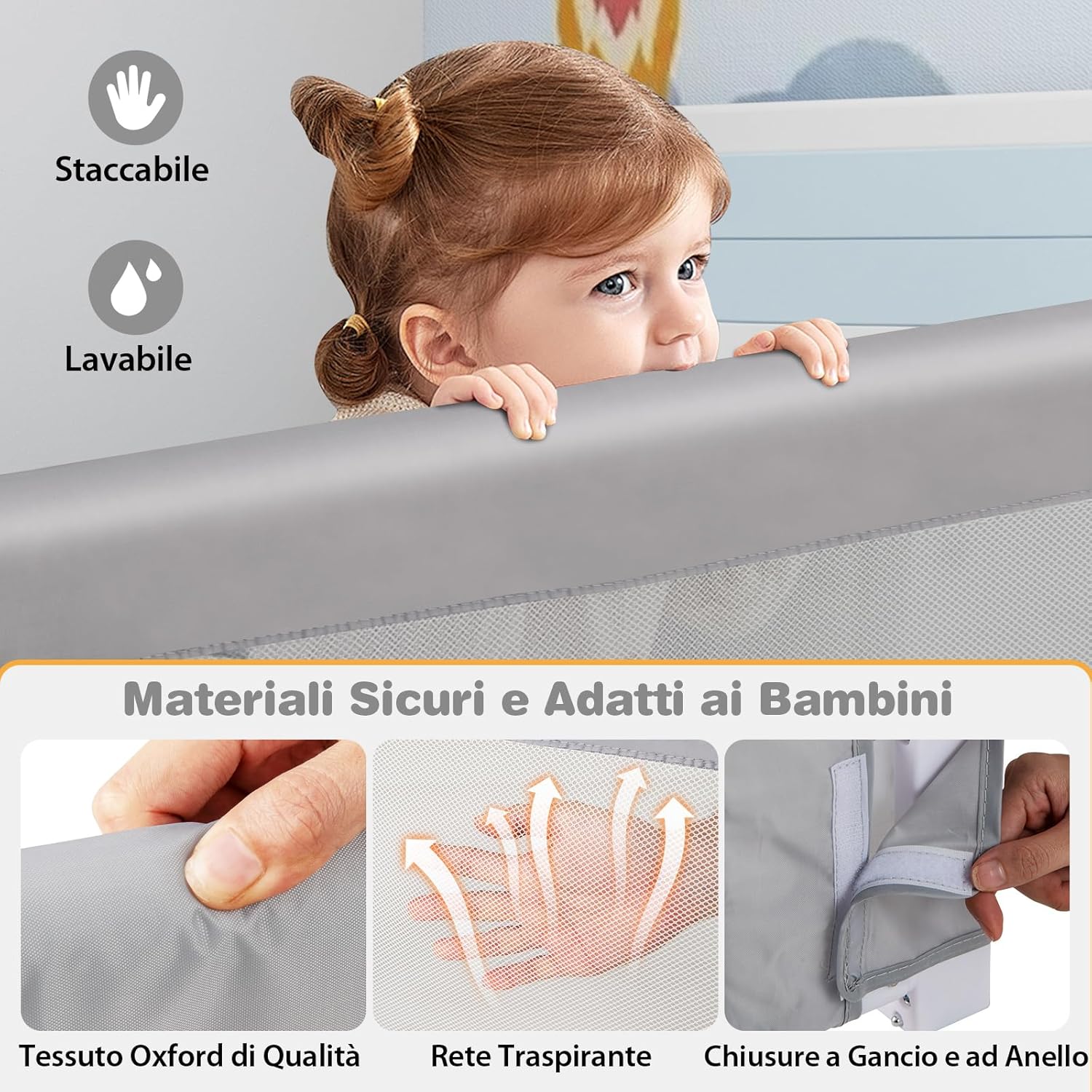 Sponda Letto per Bambini 105/120/150 cm, Barriera di Sicurezza per Neonati, Barriera Letto Pieghevole e Portatile, con Cinghia di Sicurezza (Grigio, 105 x 38 x 43 cm)