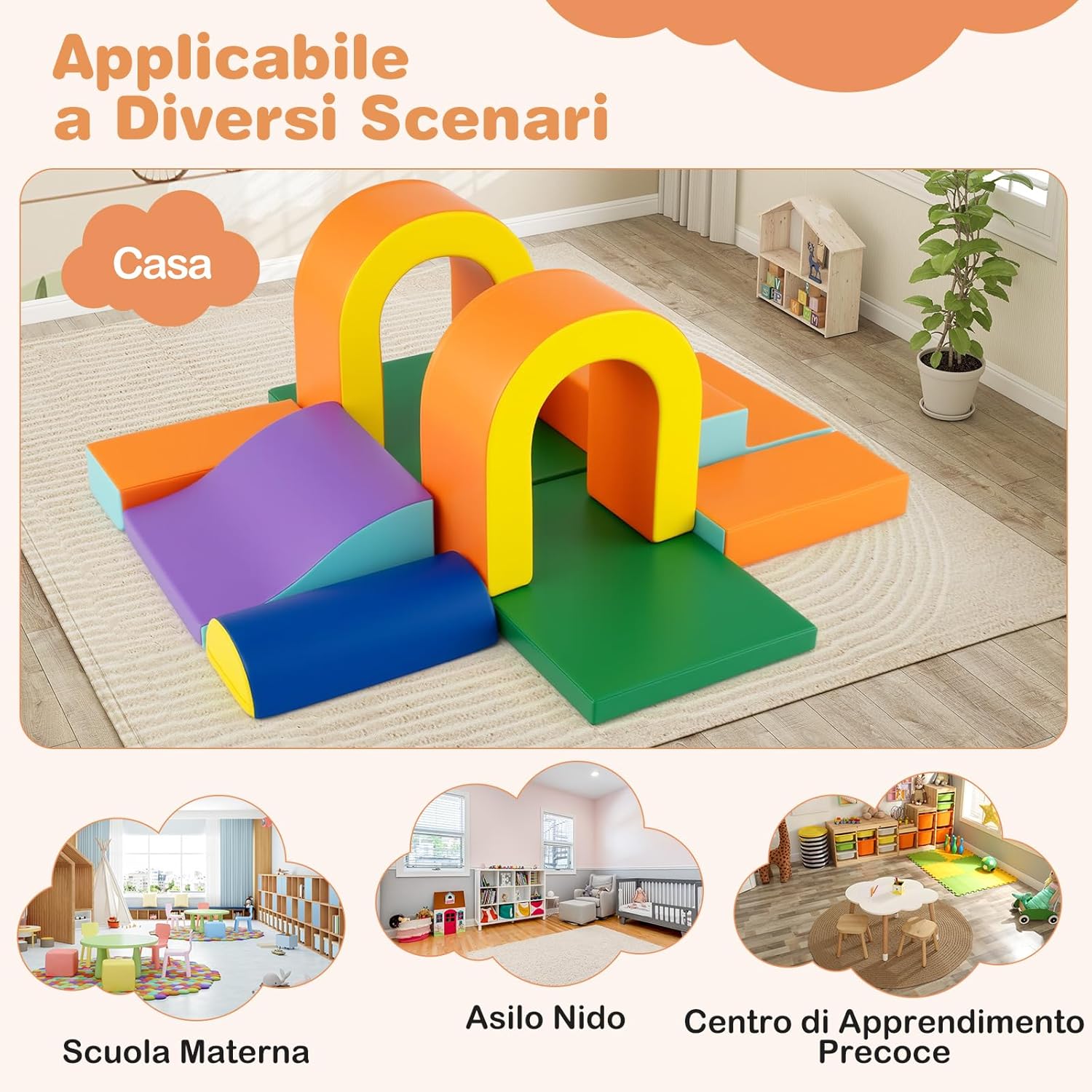 Set di 10 Blocchi da Arrampicata in Schiuma, Palestra da Gioco in Morbida Pelle Sintetica, Strutture Leggere per Scalare, Arrampicarsi, Scivolare, per Bambini 1+ Anno (Arancione)