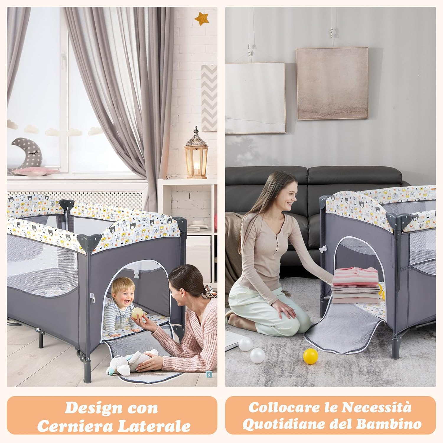 5-in-1 Lettino da Campeggio con Materasso, Lettino per Bambini con Fasciatoio, Lettino Pieghevole e Portabile, Altezza Regolabile in 5 Livelli, per Bambini 0-36 Mesi (Grigio+Beige)
