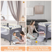 5-in-1 Lettino da Campeggio con Materasso, Lettino per Bambini con Fasciatoio, Lettino Pieghevole e Portabile, Altezza Regolabile in 5 Livelli, per Bambini 0-36 Mesi (Grigio+Beige)
